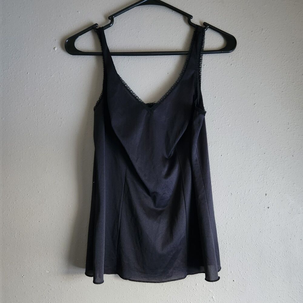Vintage Lorraine Black Sheer Nylon Camisole Slip Tank Lace Trim Whimsigoth Y2K
